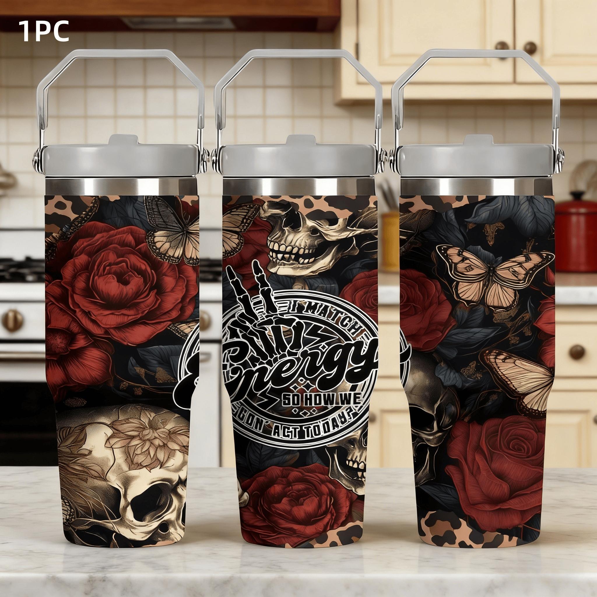 1pc 30oz Stainless Steel Insulated Mug - Gothic Style! Dark Skull and Rose Design - A Must-Have for Hot Girls! Comes with a handle and straw. Suitable for outdoor, sports, and indoor use. Birthday/Holiday Gift - Large Capacity Water Bottle