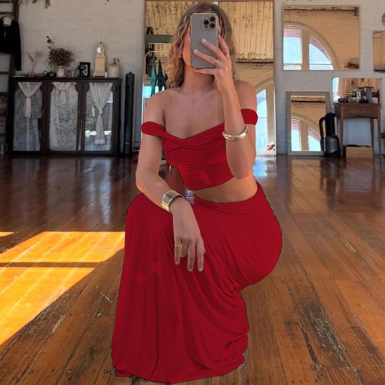 Women's Solid Color Off Shoulder Top & Skirt Two-piece Set, Casual Fashion Cozy Top & Skirt for Daily Outdoor Wear, Ladies Clothes for Summer, Chic Skirt Sets