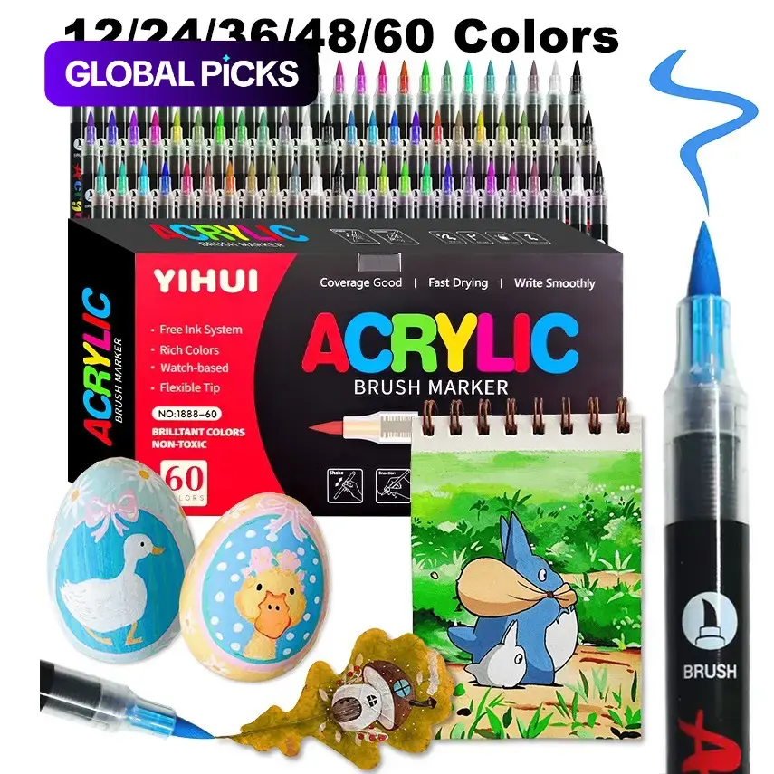 12-60-Color Acrylic Paint Pens Set, Brush-Tip Markers for Rock Painting, Wood, Canvas, Stone, Glass & DIY Crafts, Customizing Shoes & Phone Cases, DIY Painting Supplies, Art Supply, Artist Supplies #GLOBAL PICKS