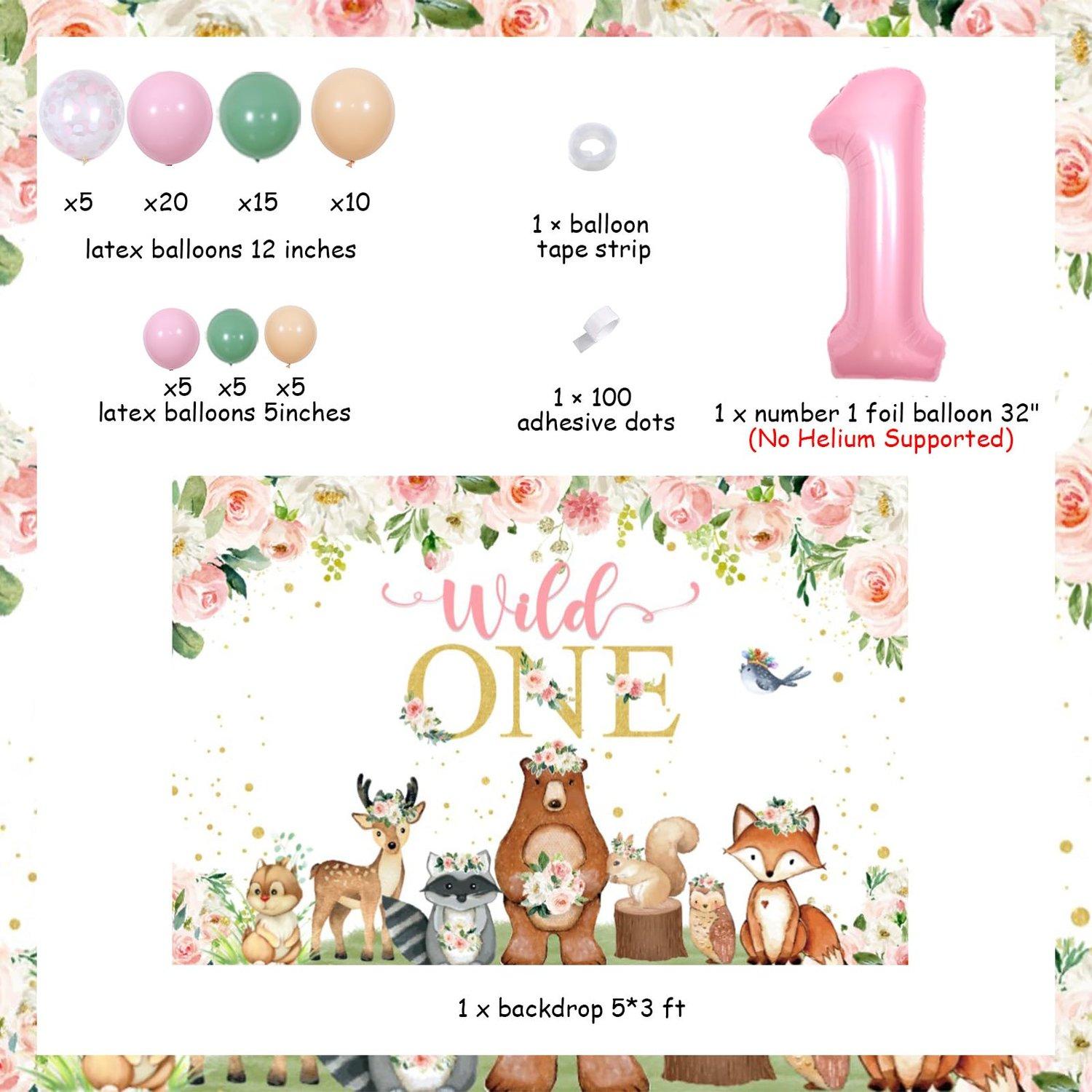 1Set Woodland 1anniversary birthday decorations Wild One Balloon Garland Arch Kit with Backdrop for Forest Animals Woodland Creatures First Party Supplies