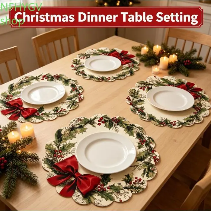 Christmas Placemats For Dining Table, Holiday Holly Berry And Red Bow Table Mats, Festive Christmas Dinner Table Decorations For Family Gatherings, Parties, Kitchen And Home Decor