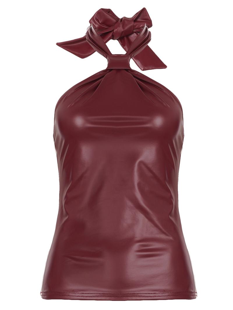 Y2K Knot PU Leather Halter Vest, Slim-Fitting Backless Design, Plain Pattern, Y2K Style, Perfect for Casual Wear