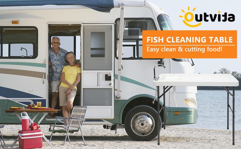 Fish Cleaning Table, Portable Folding Camping Table, 45" HDPE Outdoor Fish Cleaning Station with Sink, 360° Stainless Steel Faucet, Drainage Hose, Working platform for Camping, Food Handling