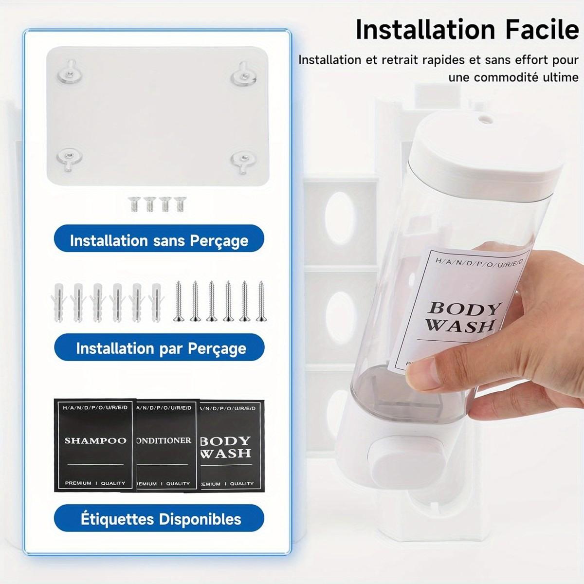3-In-1 Square Shower Dispenser, Wall-Mounted Shampoo, Conditioner, Soap Dispenser, No Drilling, Bathroom & Hotel Use, Stylish Triple Organizer