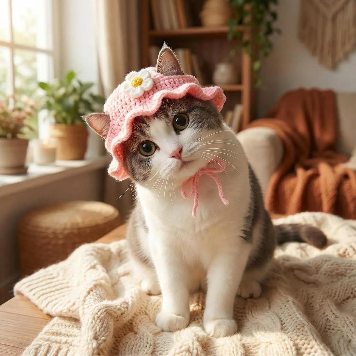 4PCS Handmade Knitted Pet Hat Set Pack - Adjustable, Soft Crochet Frog & Fruit Cat Puppy Headwear, Synthetic Fabric Warmth Cover, Small Pet Holiday Party Cosplay Accessory