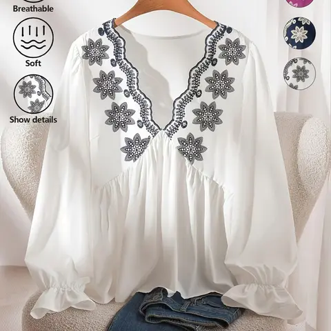 Plus Size Embroidery Long Sleeve Blouse Casual V-Neck Loose Blouse, Basic Daily Tops, casual summer tops, Relaxed Fit Casual Ensembles, Stylish Floral Embroidery Ruffle Cuff Wear