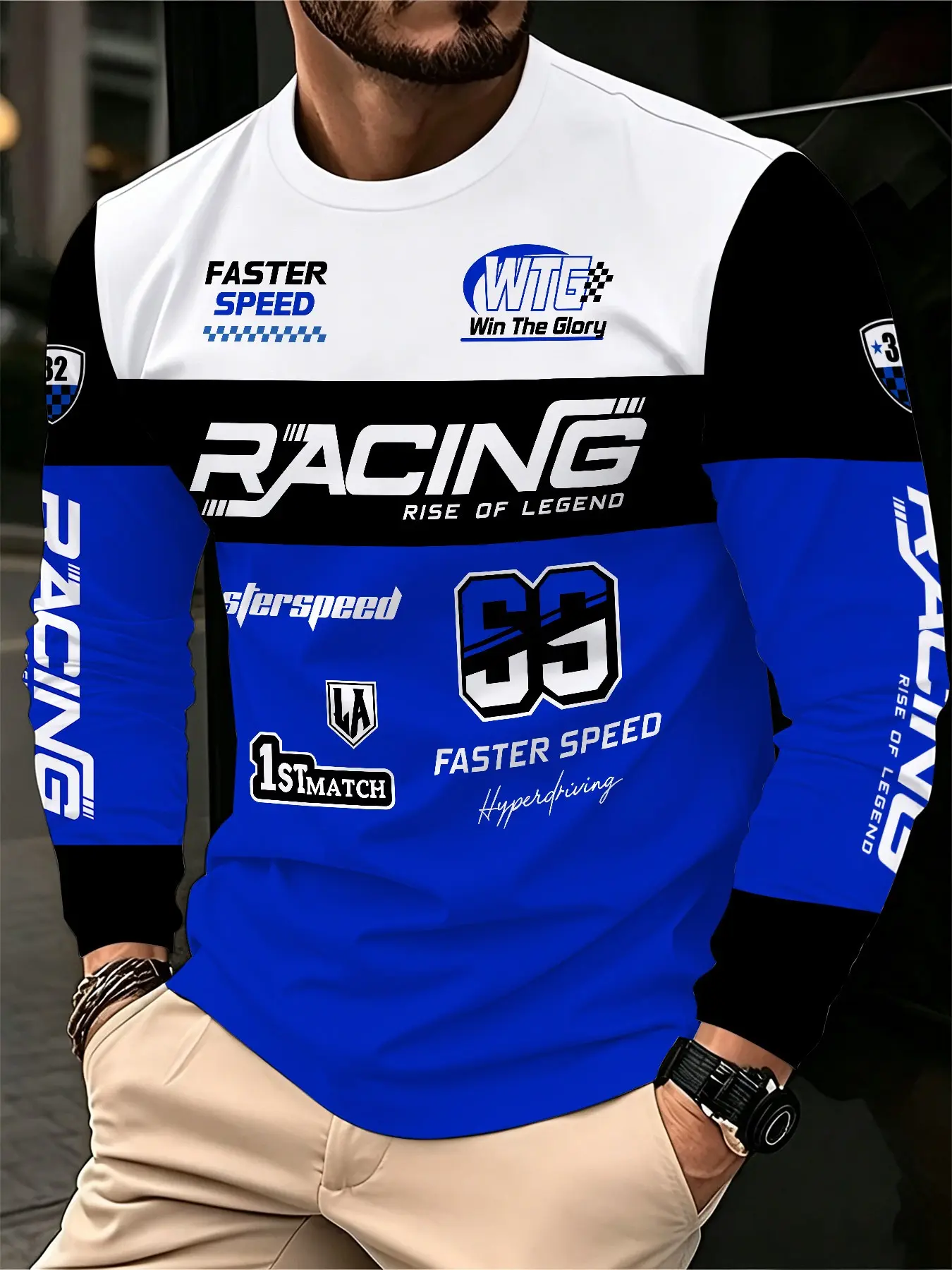 Color-blocked Racing Alphanumeric Print Long-Sleeve Crew Neck Top Casual Sporty Design for Motorcycle Off-Road Riding