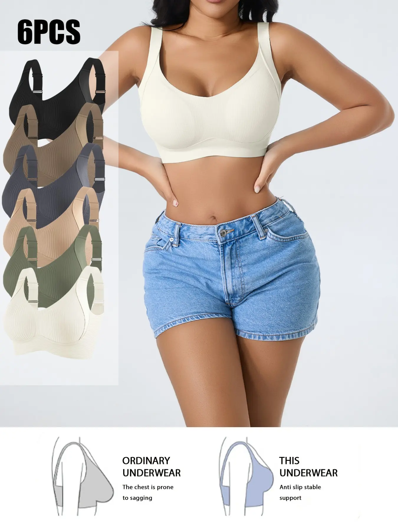 6-Pack Simple Solid Seamless Bras, Soft Support Non-Slip Full Coverage, Casual Lingerie for All Seasons, Slim-Fit Wireless Bralettes