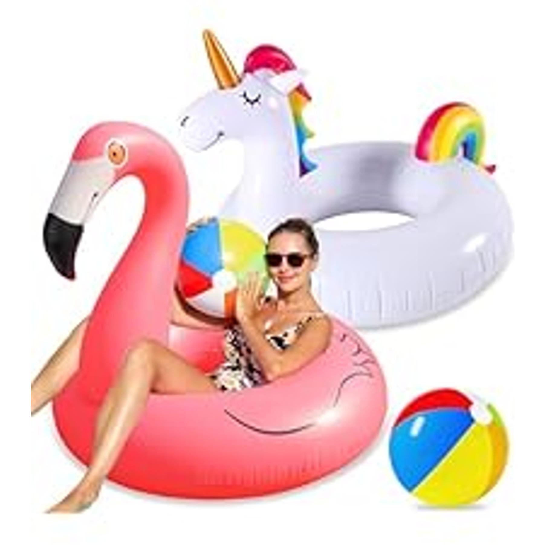 2 Pack Pool Floats with 2Pcs Beach Balls, 46'' Flamingo Pool Float 57'' Large Unicorn Pool Floaties for Adult, Heavy Duty Inflatable Swimming Rings Pool Accessories for Pool Water Party 2 Pack Pool Floats with 2Pcs Beach Balls, 46'' Flamingo Pool Float 57'' Large Unicorn Pool Floaties for Adult, Heavy Duty Inflatable Swimming Rings Pool Accessories for Pool Water Party
