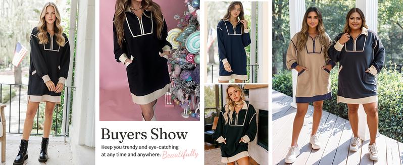 Wenrine Women's Oversized Sweatshirt Dress Half Zip V Neck Long Sleeve Contrast Fall Casual Mini Dresses with Pockets