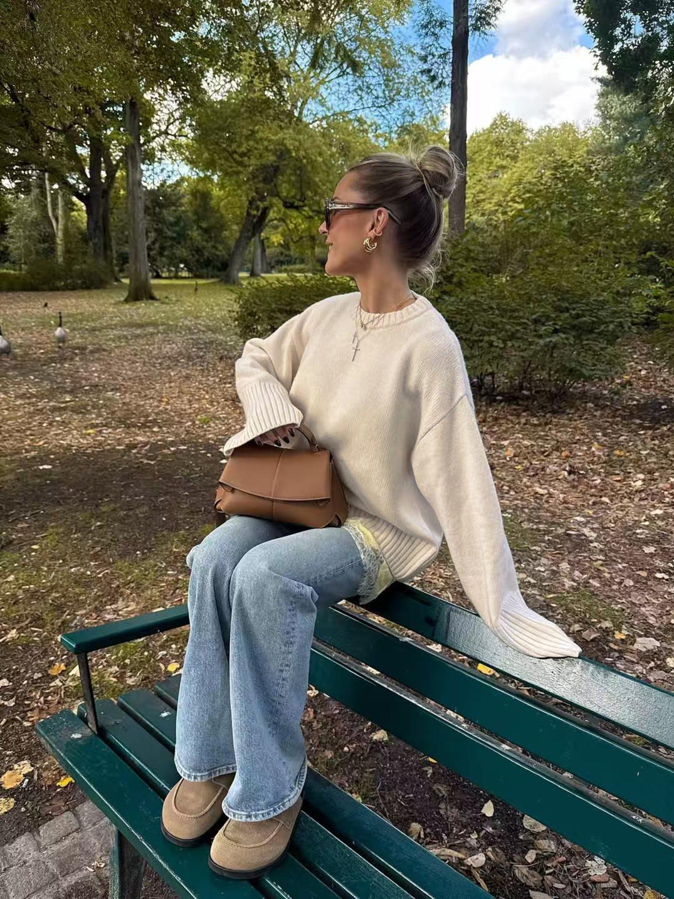 Women's Fall Winter Solid Color Round Neck Long Sleeve Casual Loose Knit Pullover Sweater, Simple Knitted Woolen Top Knitwear