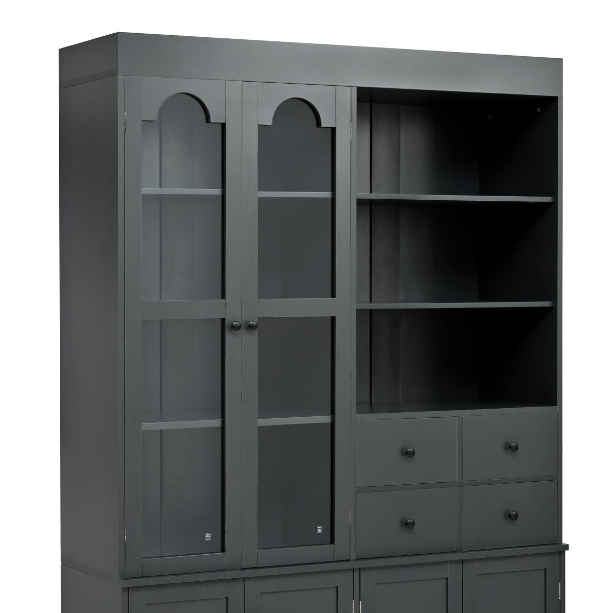 [Assembly Video Provided]  47.2x15.7x75inch Freestanding Buffet with Hutch, Tall Kitchen Pantry Cabinet with 4 Drawers, Door Shelves and Pull-out Trays for Dining room, Living Room, Gray