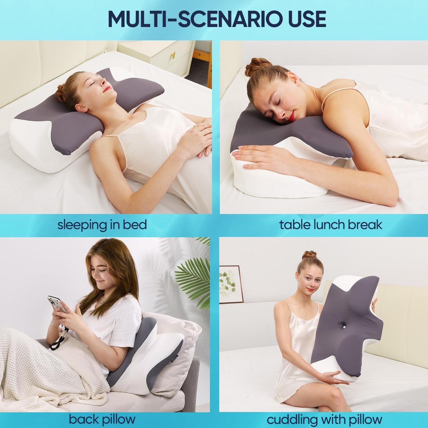 Extra-wide, oversized neck pillow High-quality supportive memory foam pillow Two heights available Washable, breathable pillowcase Enlarged armrest area for Side Sleep Stomach Sleeping and Back Sleepers