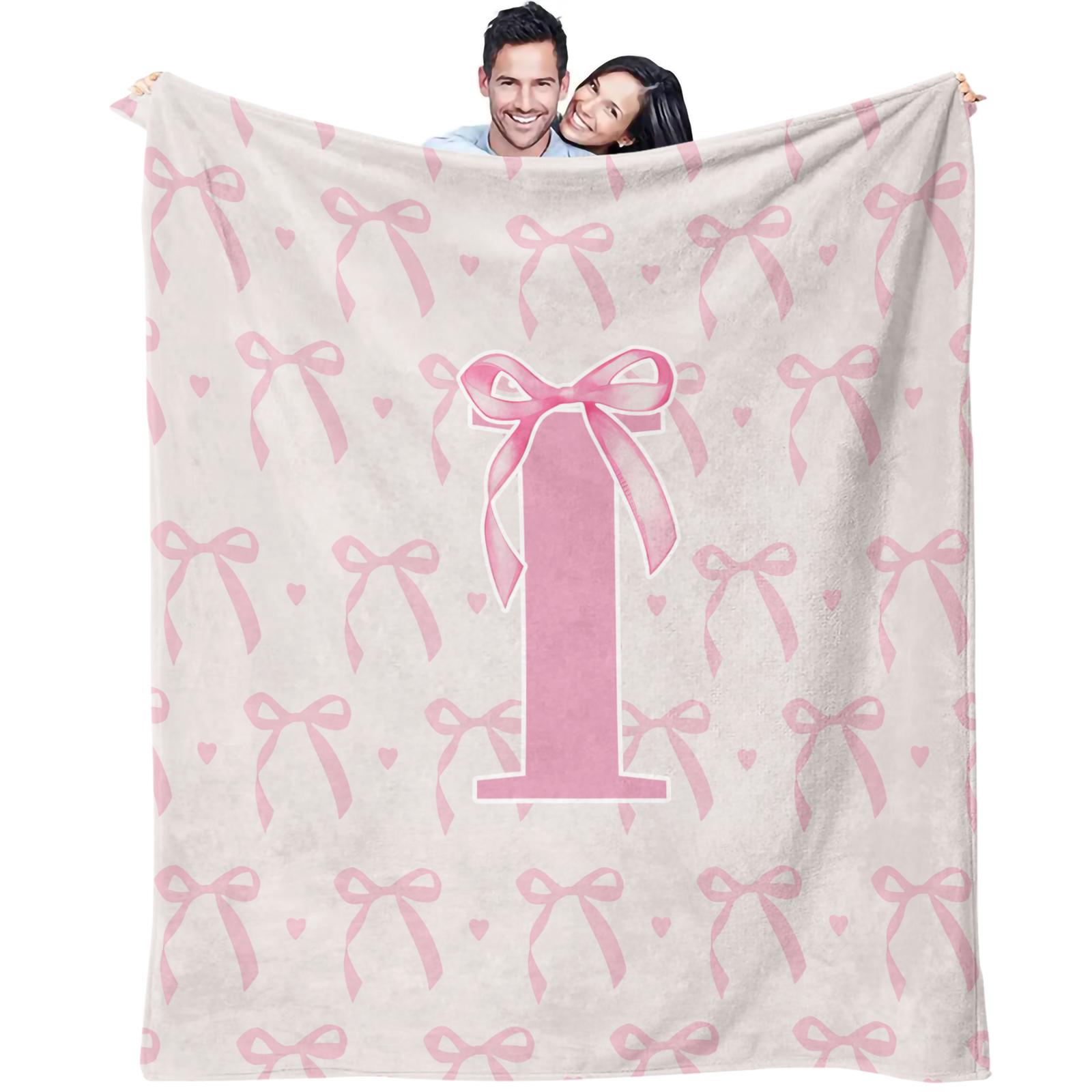 Pink Bow Custom Initial Throw Blanket, Sweet Girl Style Heart Print, Soft Warm Cozy Skin-friendly, Ideal for Bedroom Living Room Sofa Dorm Decor