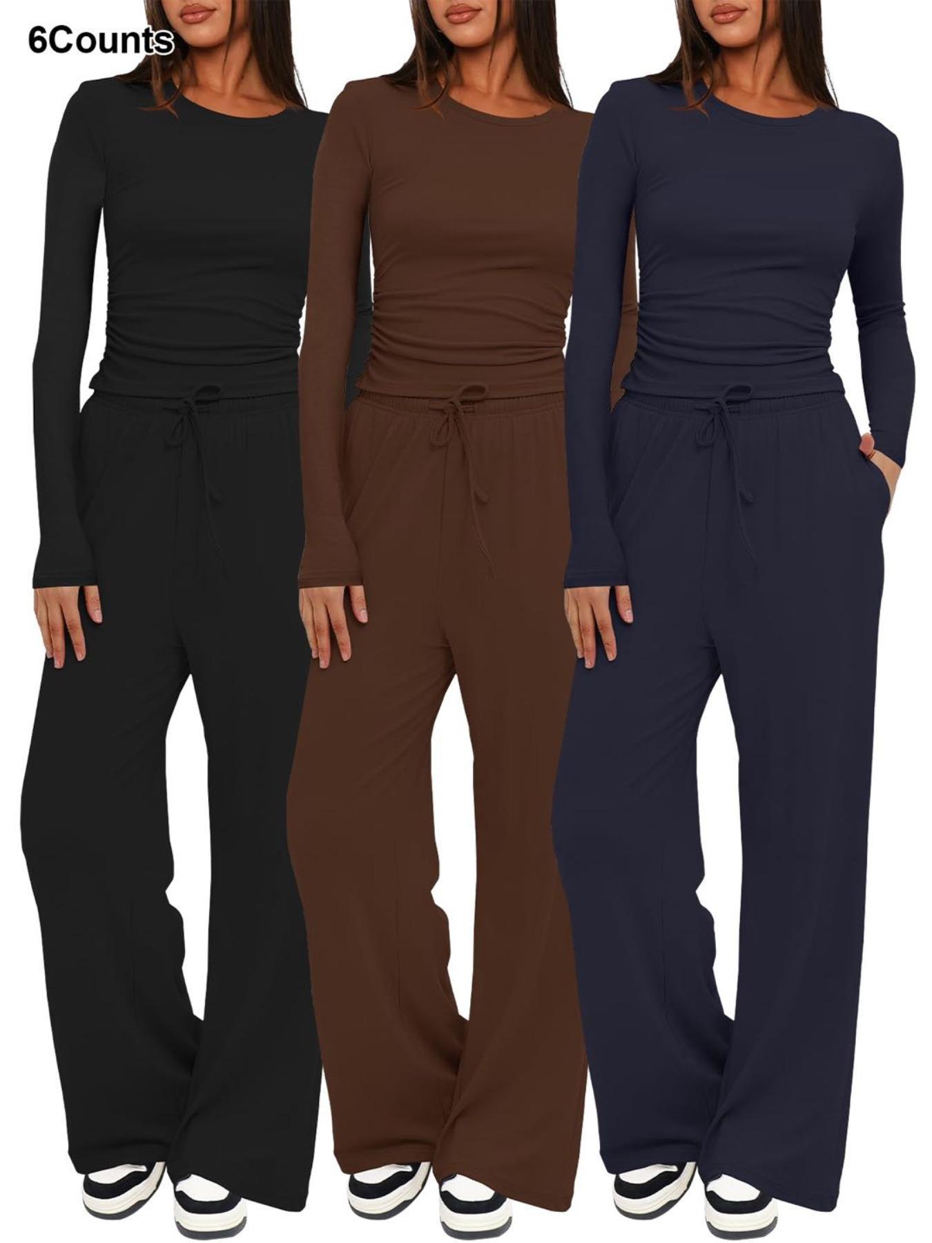 2026 Women's Solid Ruched Drawstring Loungewear Set, Casual Breathable Long Sleeve Round Neck Top & Pocket Wide Leg Trousers, Ladies Sleepwear for All Seasons Pajama Set