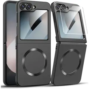 For Samsung Galaxy Z Flip 6 Case, Flip 7 FE Case Compatible with MagSafe, with Built-in Screen Protector, Flip6 Slim Hard Magnetic Phone Case, Black
