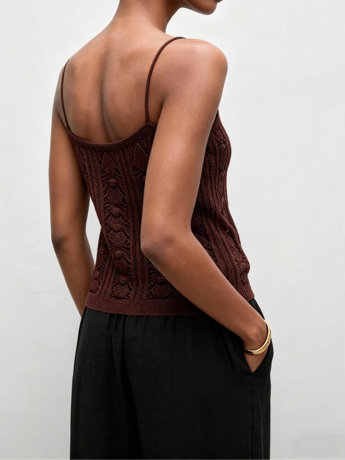 Elegant Fashion Comfortable Hollow Out Jacquard Knit Vest, Casual V-Neck Strap Open Front Cardigan Vest, Stylish Women's Outerwear