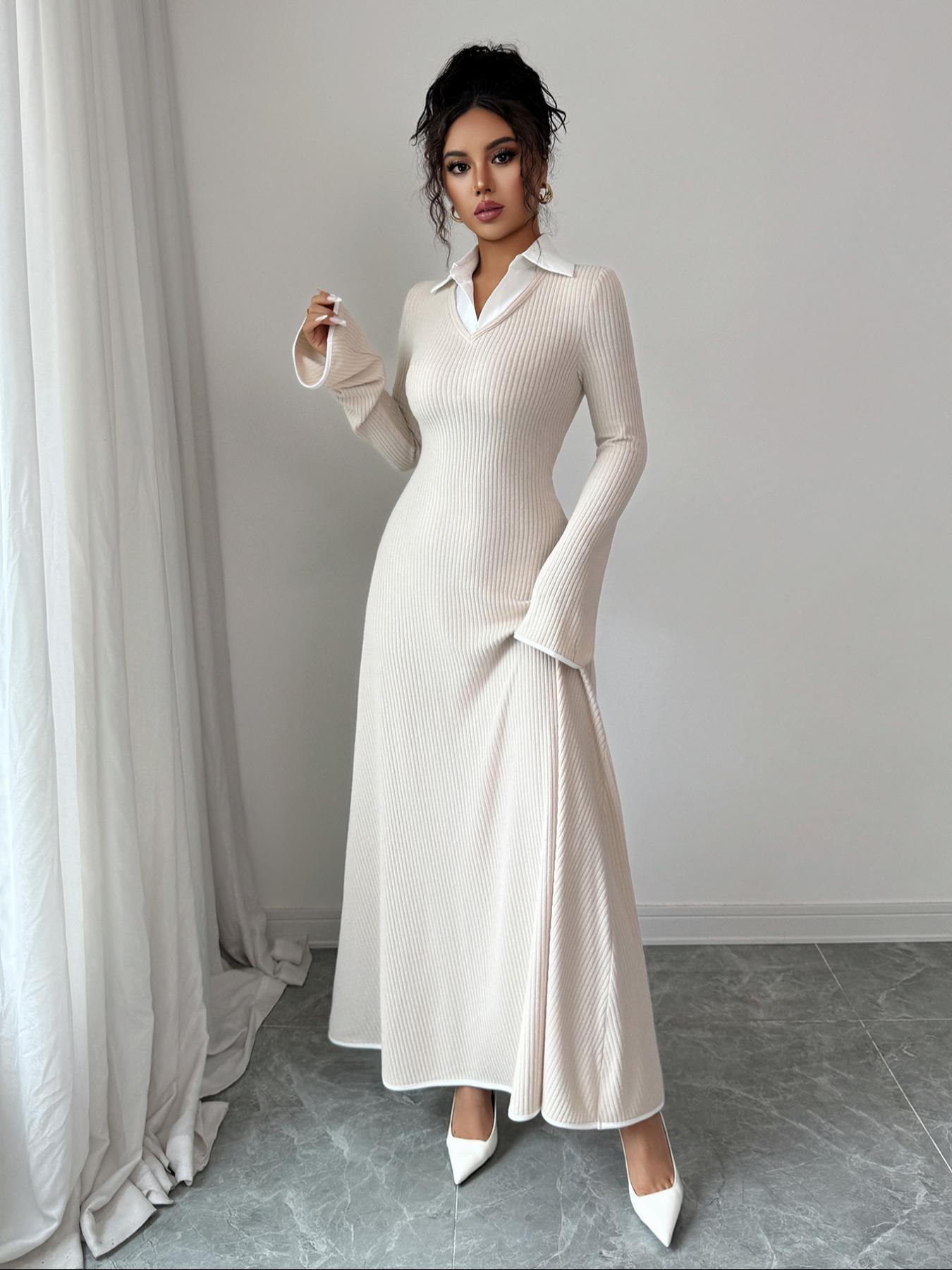 Fashion Elegant Shirt Collar Waist Cinched Long Sleeve Dress, Fitted Plain Design for Fall & Winter, Women's Stylish Clothing, Minimalist