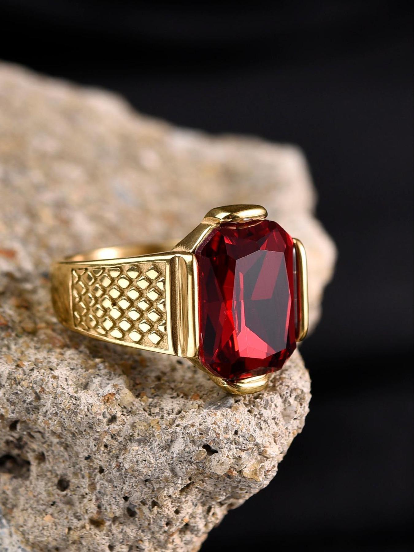 Business Style Men's Blue Ring, 316L Stainless Steel, 18K Gold Plated, Inlaid with Rectangle Agate