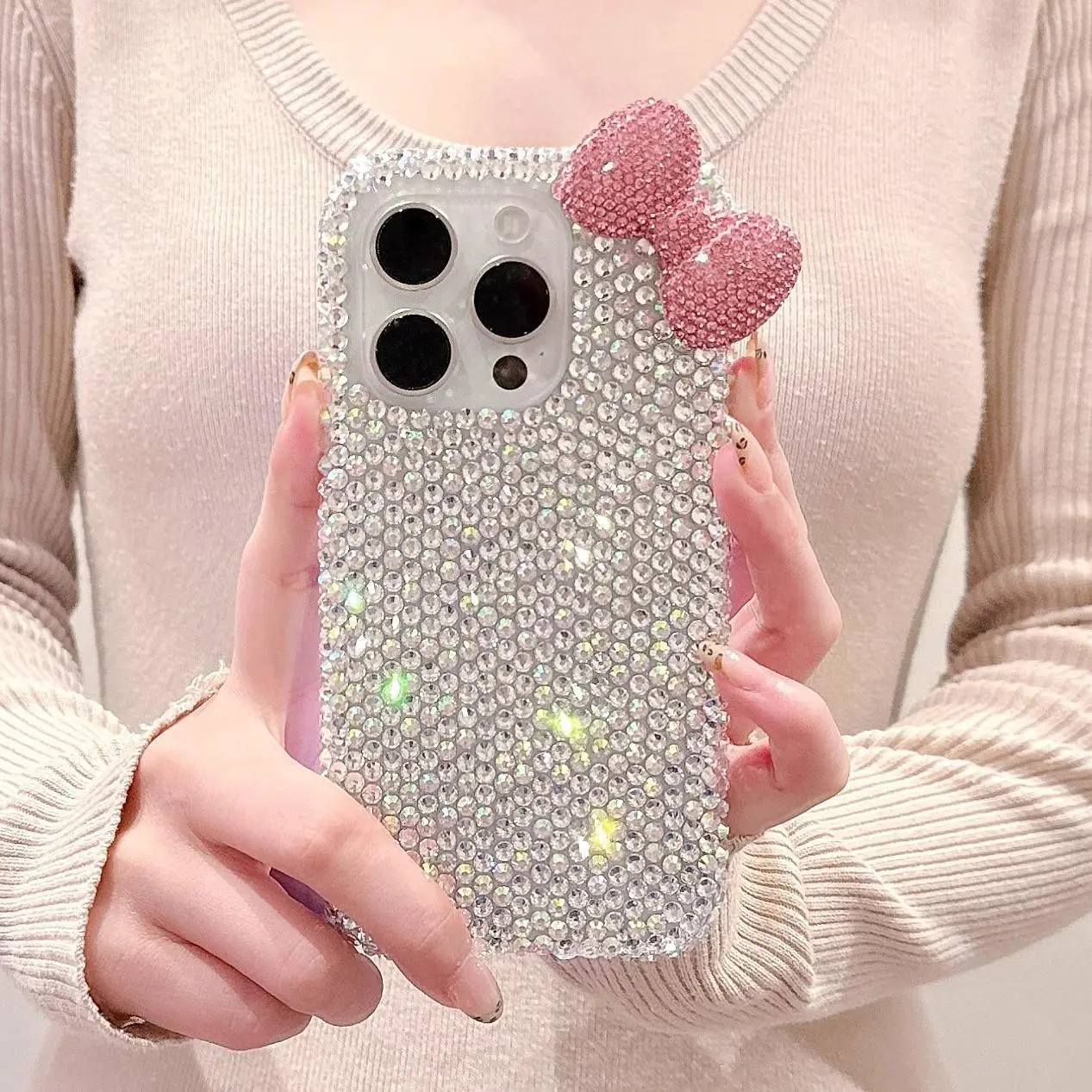 2025 Instagram Aesthetic iPhone Case Accessories for 16-15-14 Pro Max, Sparkling Rhinestone Bow Glitter Full Body 360-Degree Shockproof Bling Multi-Model Cover, Iphone 15