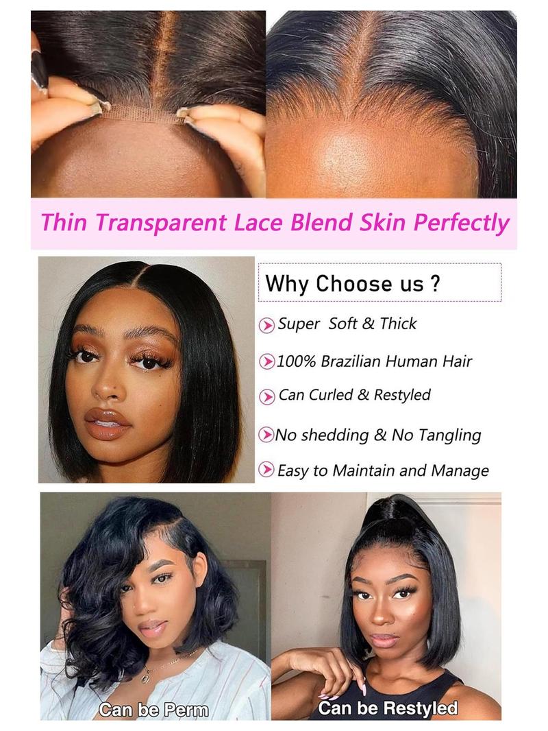 Human Hair Double Drawn Bob Wig, 4x4 Lace Frontal Pre-Plucked Natural Hairline with Elastic Band, Human Hair Short Straight Blunt Cut Wigs for Women,10 inch