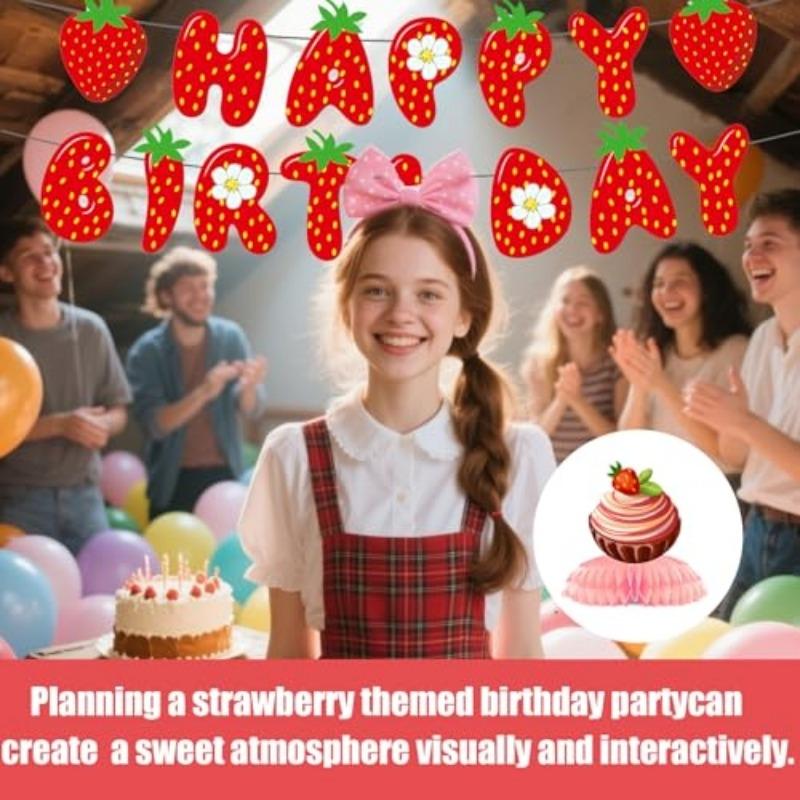 Berry First Birthday Party Decorations Strawberry Theme Banner Hanging Swirls Honeycomb Balls  Complete Set Pink and Red Baby Shower Fruit Party Decor