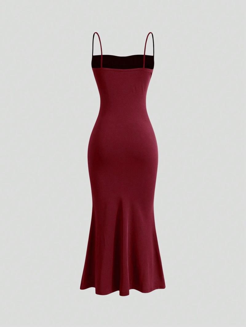 Women Fashion Solid Color Slim Long Cami Dress Casual Comfort