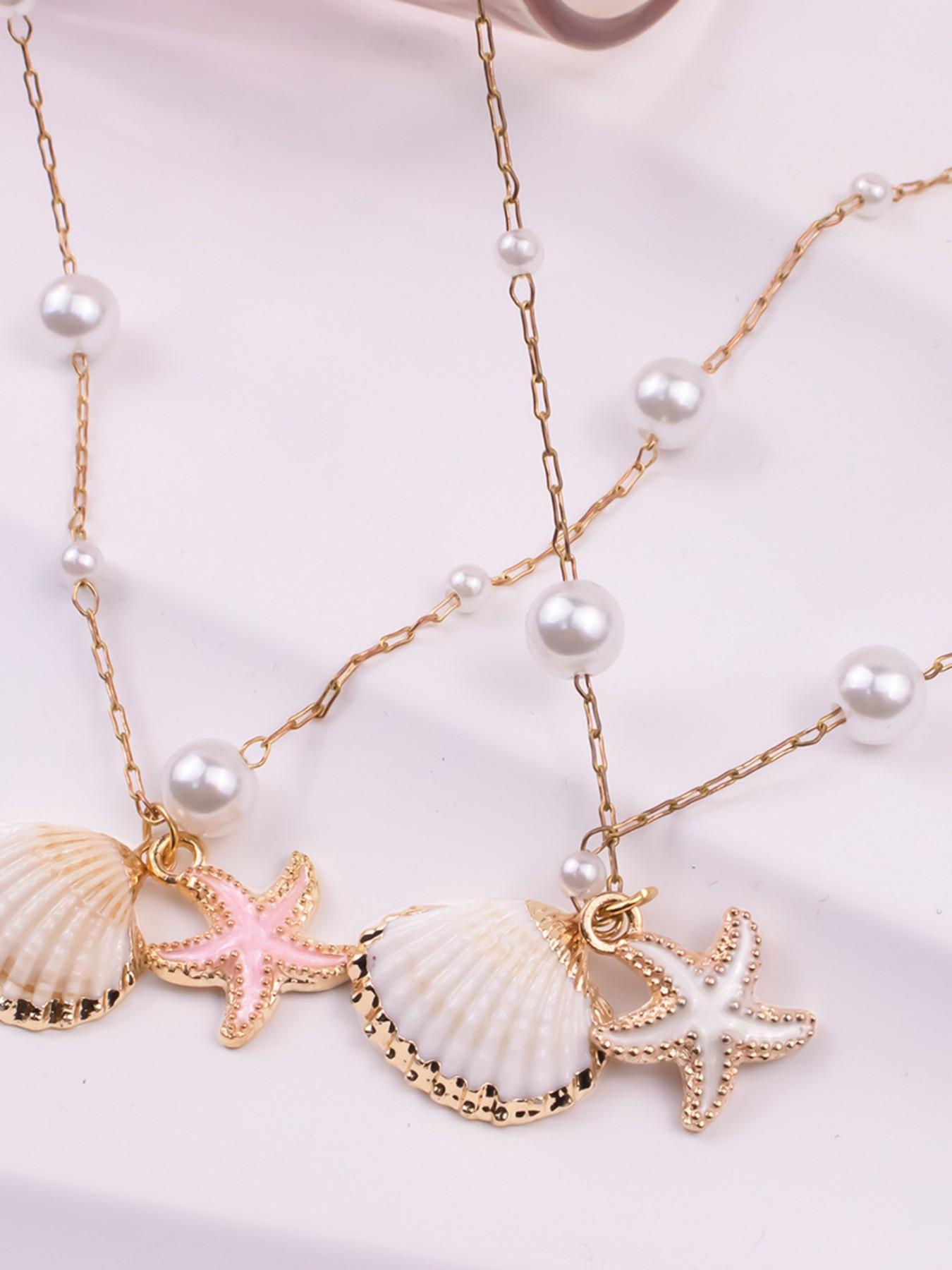 Elegant Beach Style Faux Pearl Beaded Chain Necklace with Natural Shell Lucky Starfish Pendant for Women, Fashion Jewelry Accessory