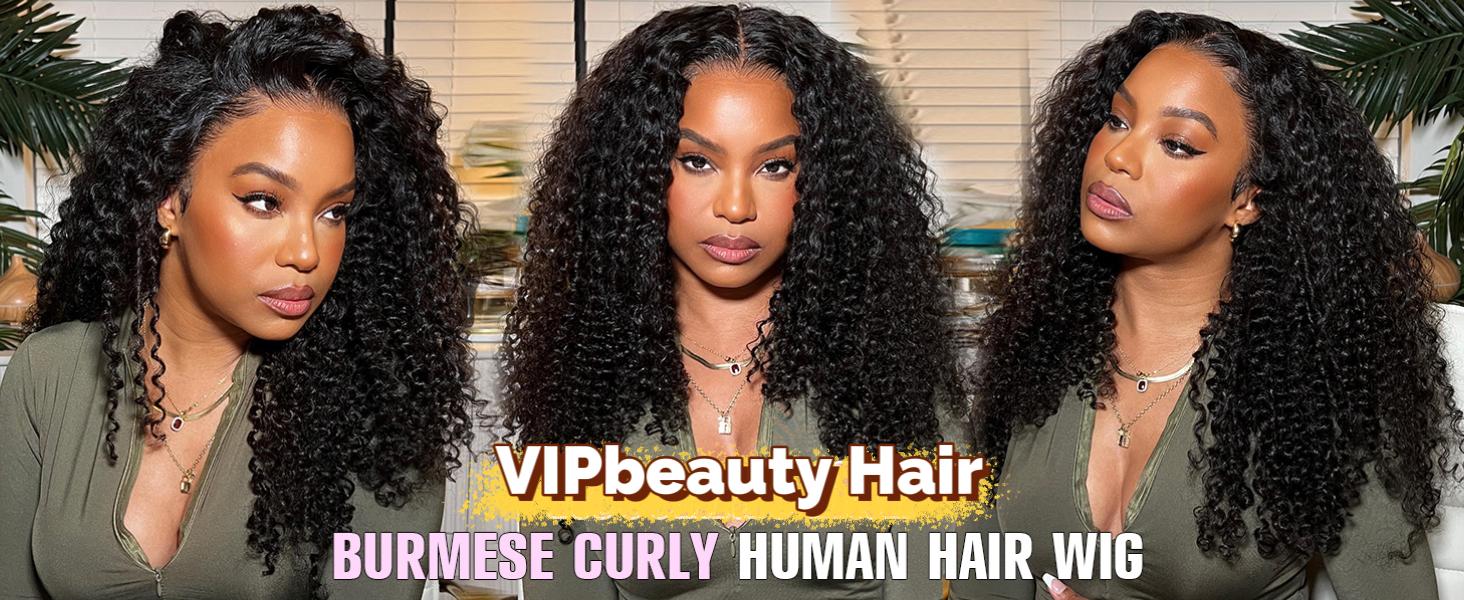 VIPbeauty Burmese Curly 13x4/13x6 Full Lace Frontal Wigs Human Hair 200% Density 16A Raw Burmese Curly Human Hair Wet and Wavy Pre Plucked Transparent Lace Frontal Human Hair Wigs  with Spiral End Natural Color