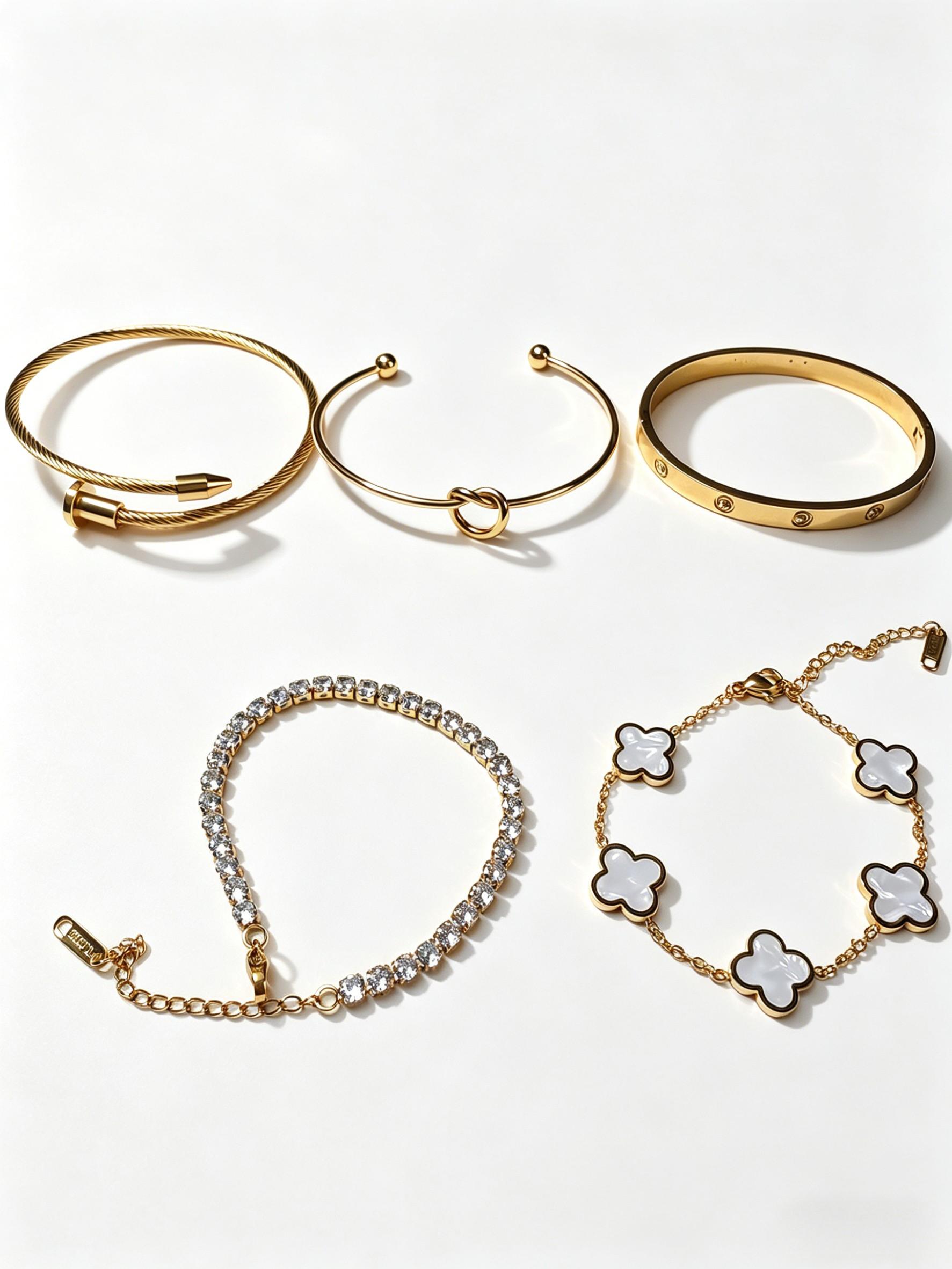 5 Piece French Luxury Bracelet Set, Stackable Rhinestone Clover Heart Nail Bracelets, Perfect for Dates and Career Wear