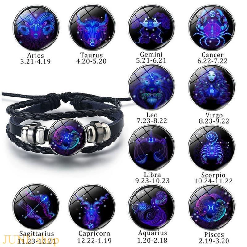 Unisex Zodiac Exquisite Trendy Bracelet - Glow-in-the-Dark Leather Adjustable Strap, 12 Constellation Astrology Charm Bracelets & Bangles with Absorbs Light Zodiac Glass, Boosting the Vibe Daily Wear Holiday Gift, Adjustable Strap Bracelets
