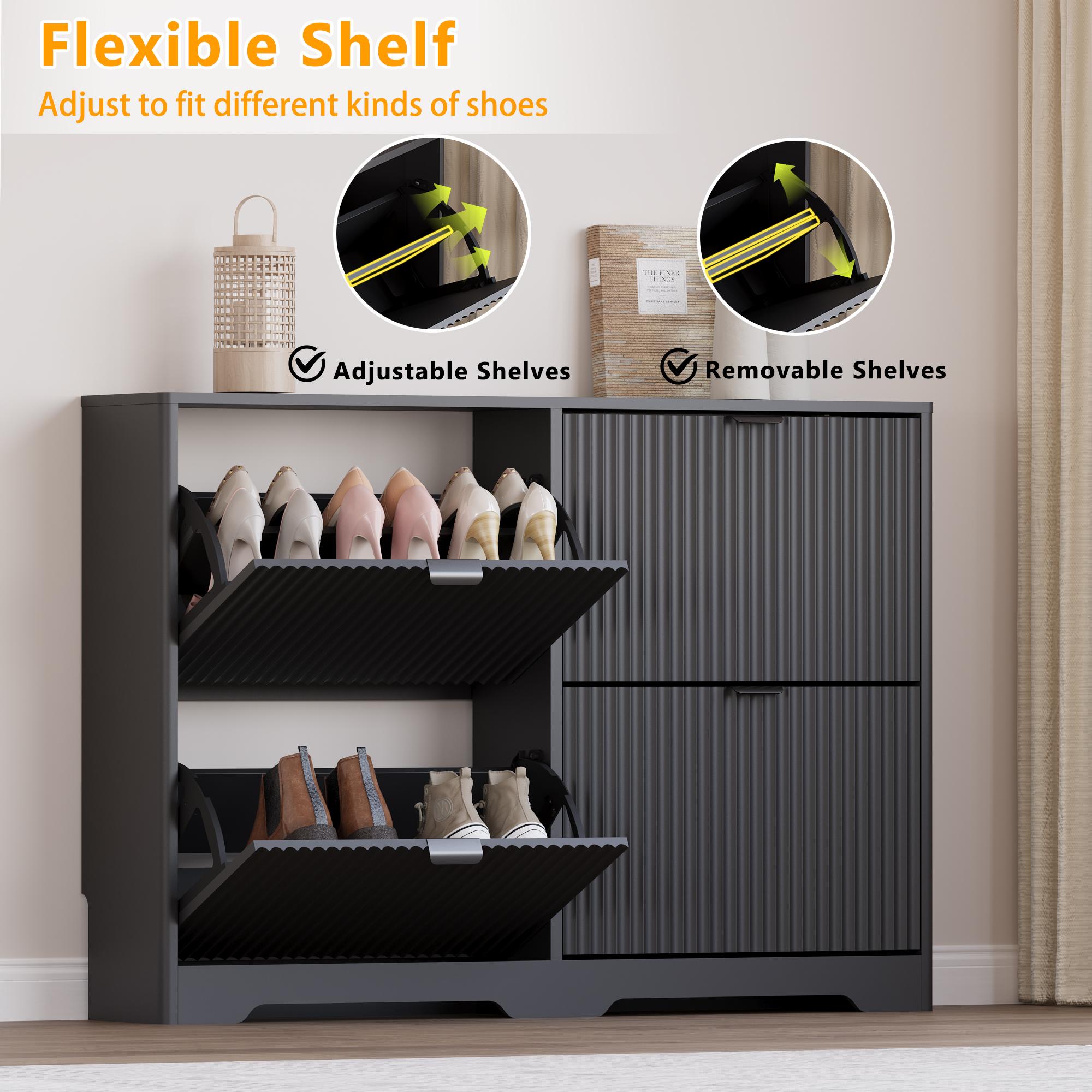 Shoe Cabinet Storage for Entryway with 4 Flip Drawers, Black Fluted Shoe Cabinet with Adjustable Shelves, Wooden Hidden Shoes Rack Freestanding Narrow Slim Shoes Storage for Hallway, Entrance