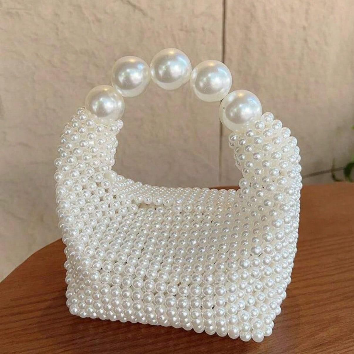 Gorgeous All-over White Pearl Beaded Handheld Evening Bag, Mini Woven Cocktail Party Clutch, Elegant Wedding Clutch, White Woven Purse, Big Chunky Pearl Ring Top Handle Mini Bead Tote Purse, Elegant Pearl Handbag for Bridal Wedding Dinner Party Night Out