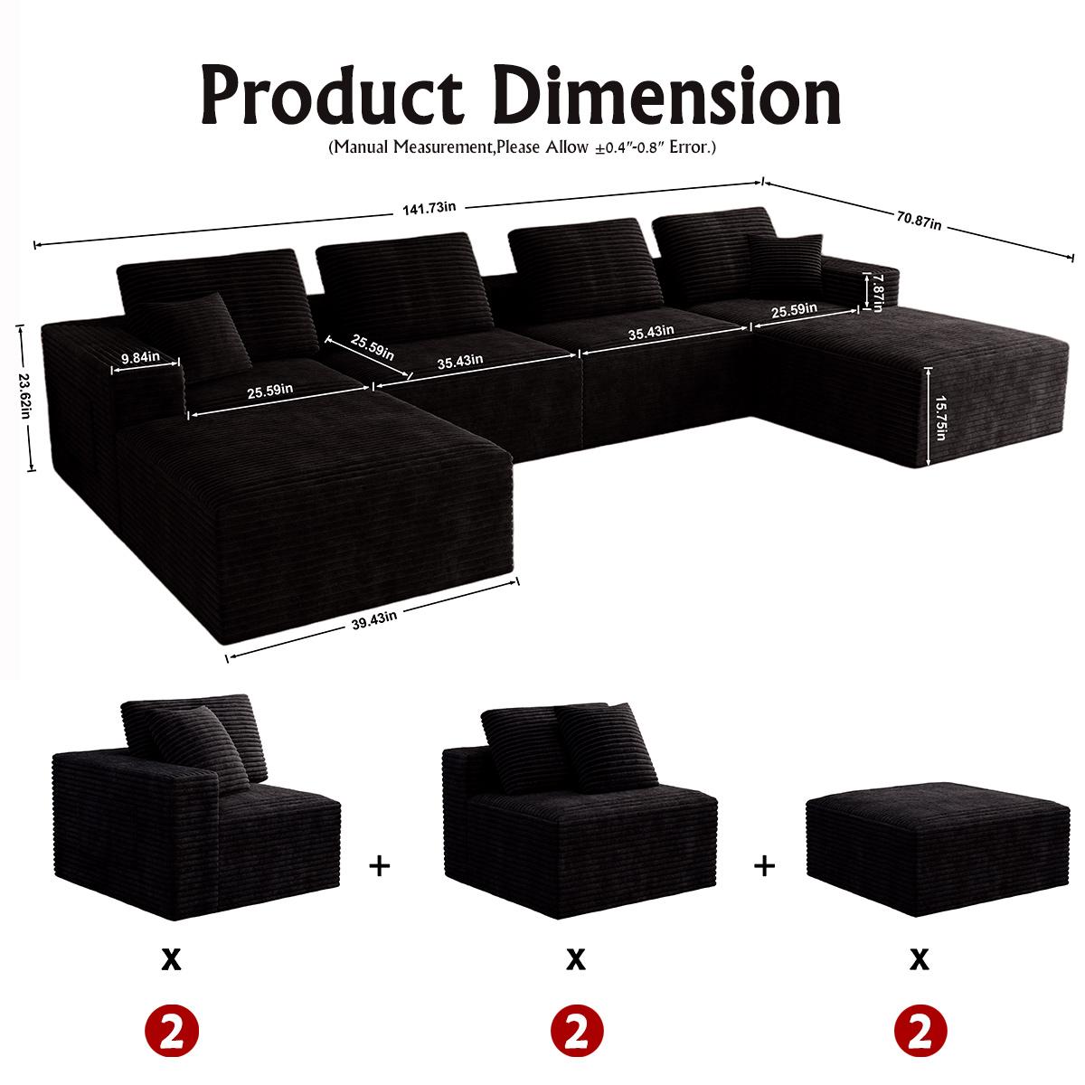 141.73"x70.87'' Boneless Couch Modular Sectional Sofa ，Oversized Cloud Couch Sectional with Deep Seats, Free Combination，Wide-Strip Corduroy Fabric, Compressed No-Assembly Couches for Living Room