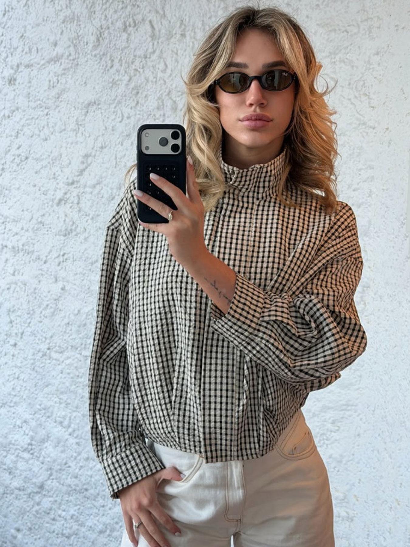 Plaid Oversized Jacket Women's Bomber Jacket Outerwear With Pockets Plaid Checked Outerwear Spring Autumn Black & White Check Long Sleeve Top Cropped Stand Collar Zip 2026 New Loose Oversized Fit Side Pockets Daily Wear Street Style Office Casual Top