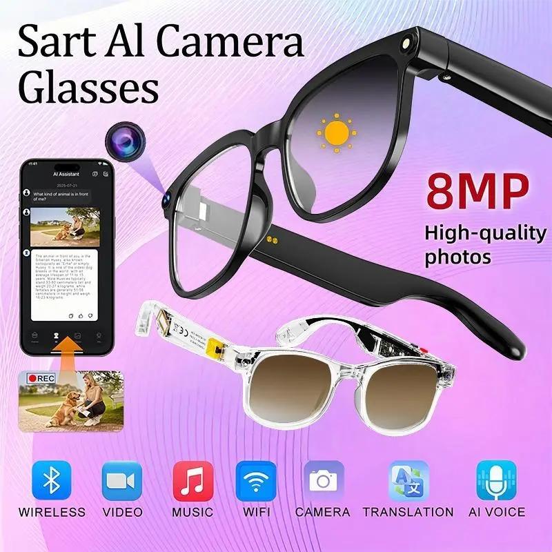 Smart AI camera glasses with 8-megapixel photochromic lenses, adjustable via buttons and touch control. Suitable for travel and outdoor adventures, supporting 160+ languages, real-time translation, Bluetooth wireless wearable video recording, and UV prote