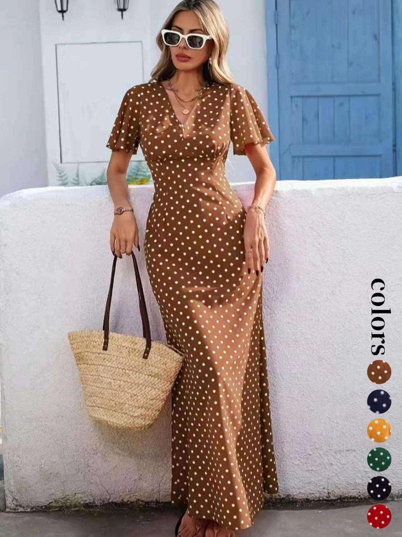 Women's Bohemian Polka Dot Pattern V-Neck Short Sleeve Long Dress for Vacation, Casual Fashion New European and American Style
