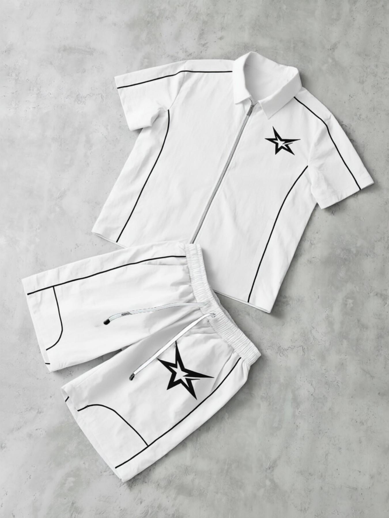 Stars Pattern Casual Set Short Sleeve Zipper Shirt + Gym Shorts Two-Piece Set, Breathable Comfort Spring Summer Daily Wear