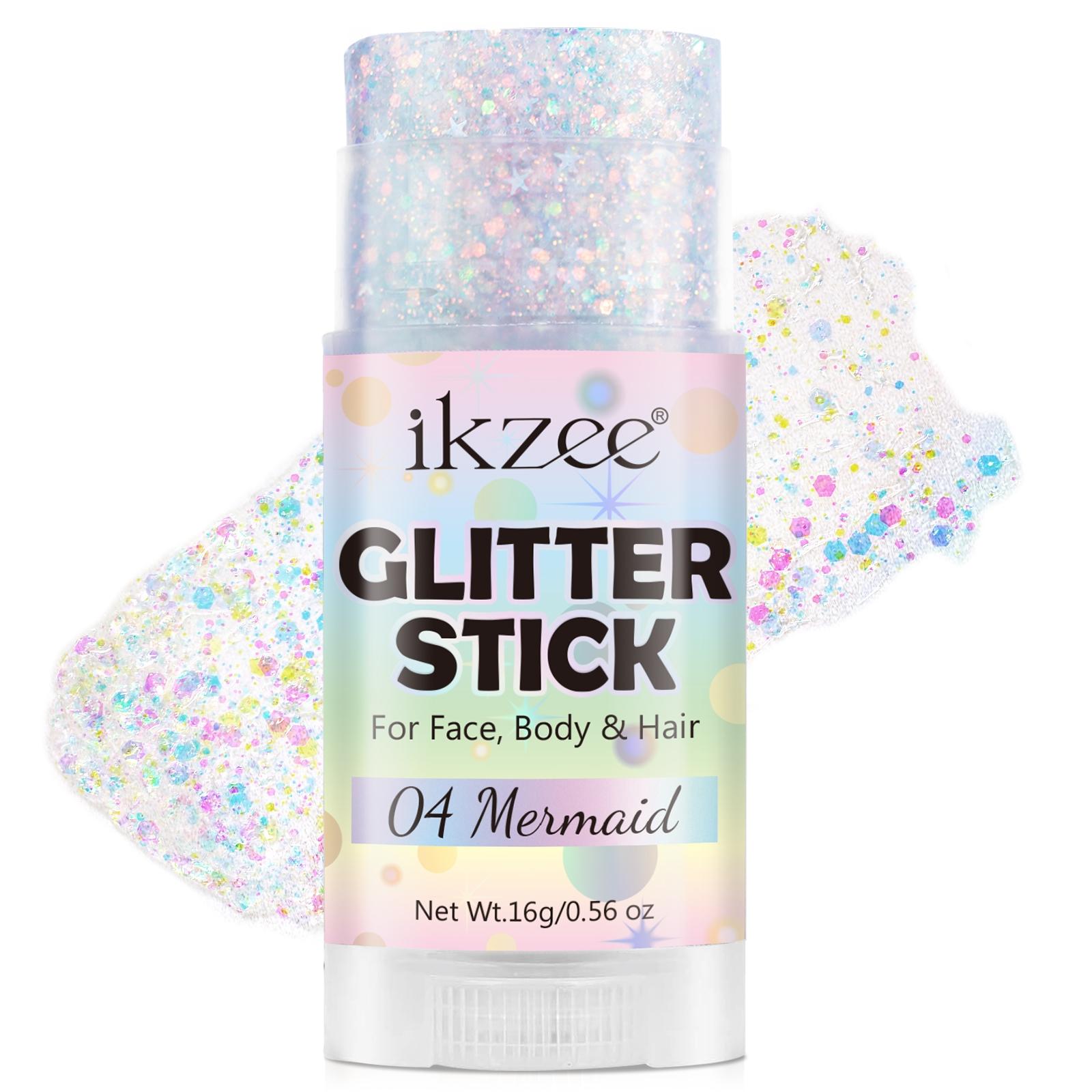 Ikzee Glitter Stick, Body Glitter Gel for Face and Hair, Shimmering Mermaid Glitter with Chameleon Effect and Large Particles, Glowing Body Glitter Cosmetic, Festival Party Makeup Accessory