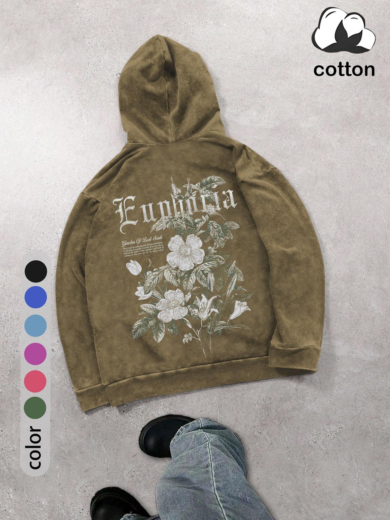 Men's Floral Print Graphic Hoodie, Regular Fit Casual Vintage Fashion Vibe Long Sleeve Hooded Sweatshirt for Daily Holiday Outdoor Wear, Men Clothes for Spring & Fall, Tops