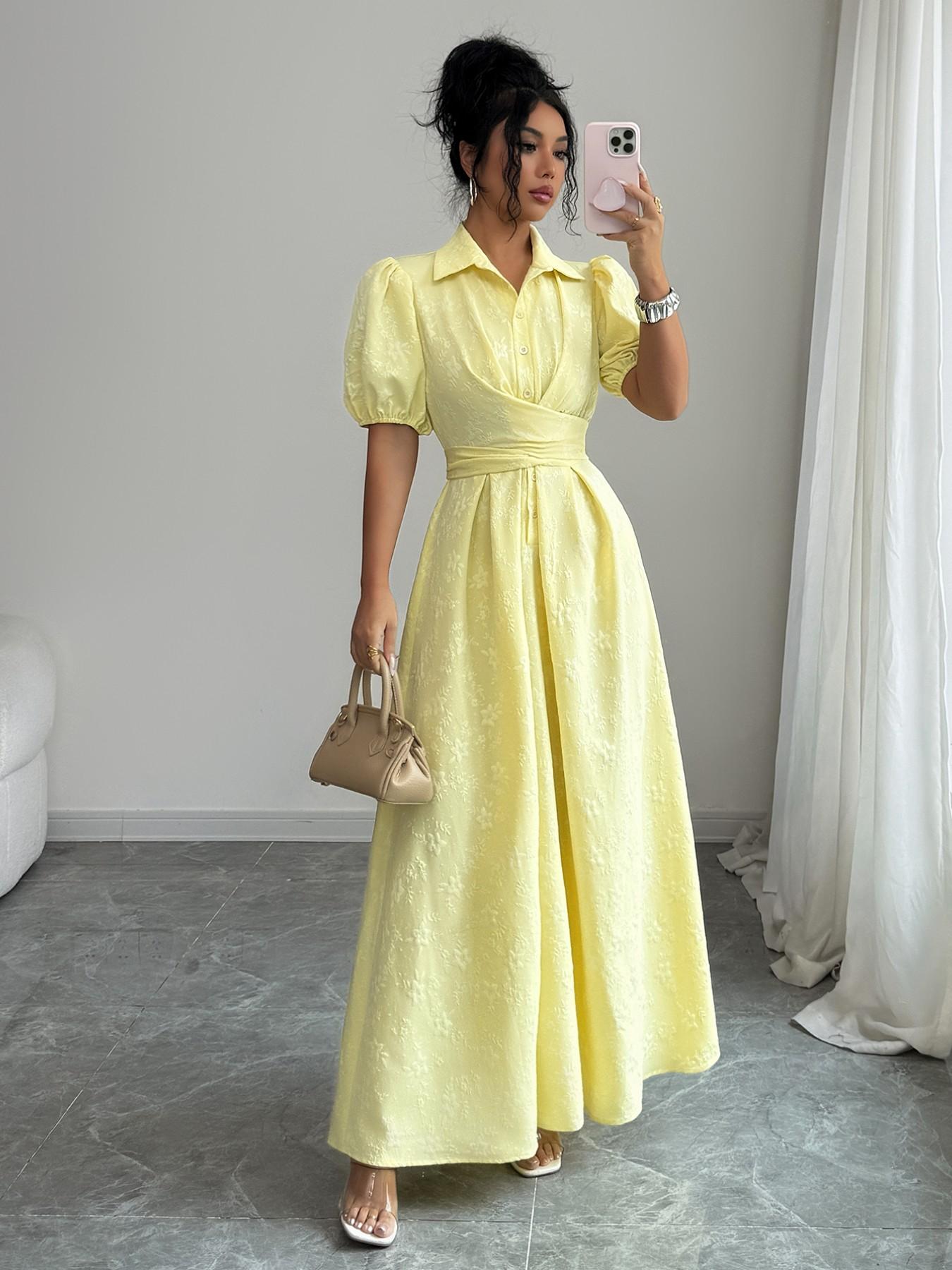 Elegant Pure Color Shirt Collar Bubble Sleeve Cross Tie Waist Fitted Dress, Soft Texture Women's Fashion Gown, Perfect for Casual & Formal Occasions