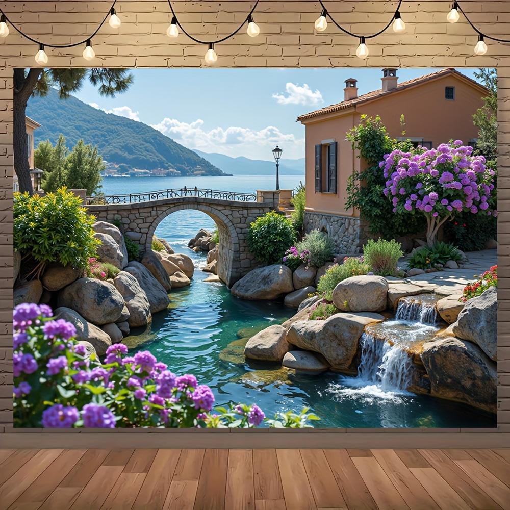 1pc Italian-Style Seascape Backdrop - Vibrant Coastal Scene with Stone Bridge, Lush Gardens, and Mediterranean House - Perfect for Birthday Parties, Photo Studios, and Outdoor Decor - Polyester
