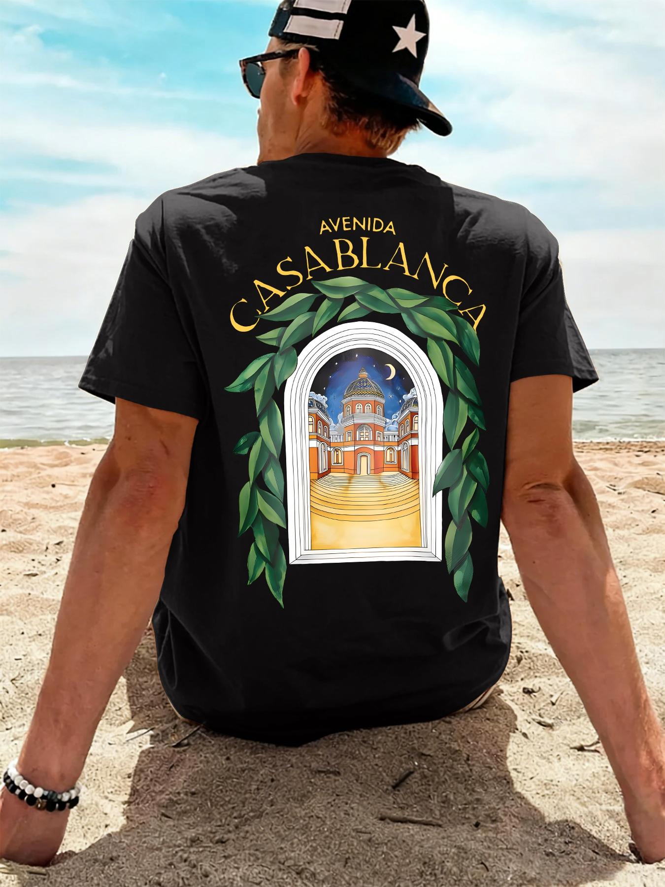 Men's Breathable T-Shirt New Style Soft Comfortable Casual with AVENIDA CASABLANCA and Building Pattern for Spring Summer