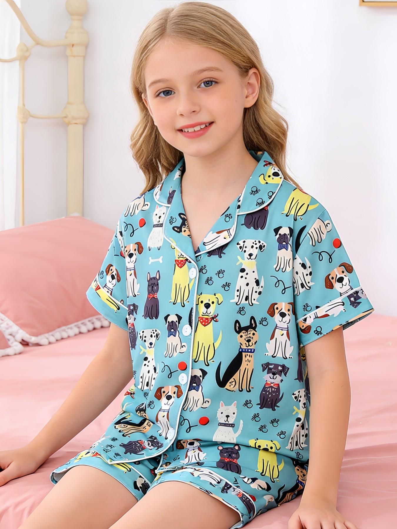 2-Piece Kids Pajama Set, Cartoon Puppy Footprint Design, Casual Short Sleeve, Loose-Fit, All-Season Wear, Party Gift Set
