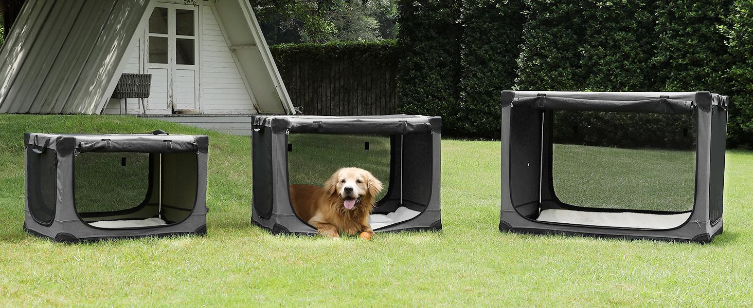 Collapsible Travel Dog Crate for Medium Large Dogs, Portable Oxford Cloth Dog Crate 4-Door Foldable Soft Kennel with Chew-Proof Mesh Windows for Indoor & Outdoor Travel,with Storage Bag,Grey