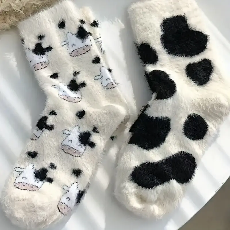 2 Pairs Fall Winter Cute Cow Spot Socks, Soft Warm Mid-Calf Socks, Cozy and Comfortable, Perfect for Cold Weather