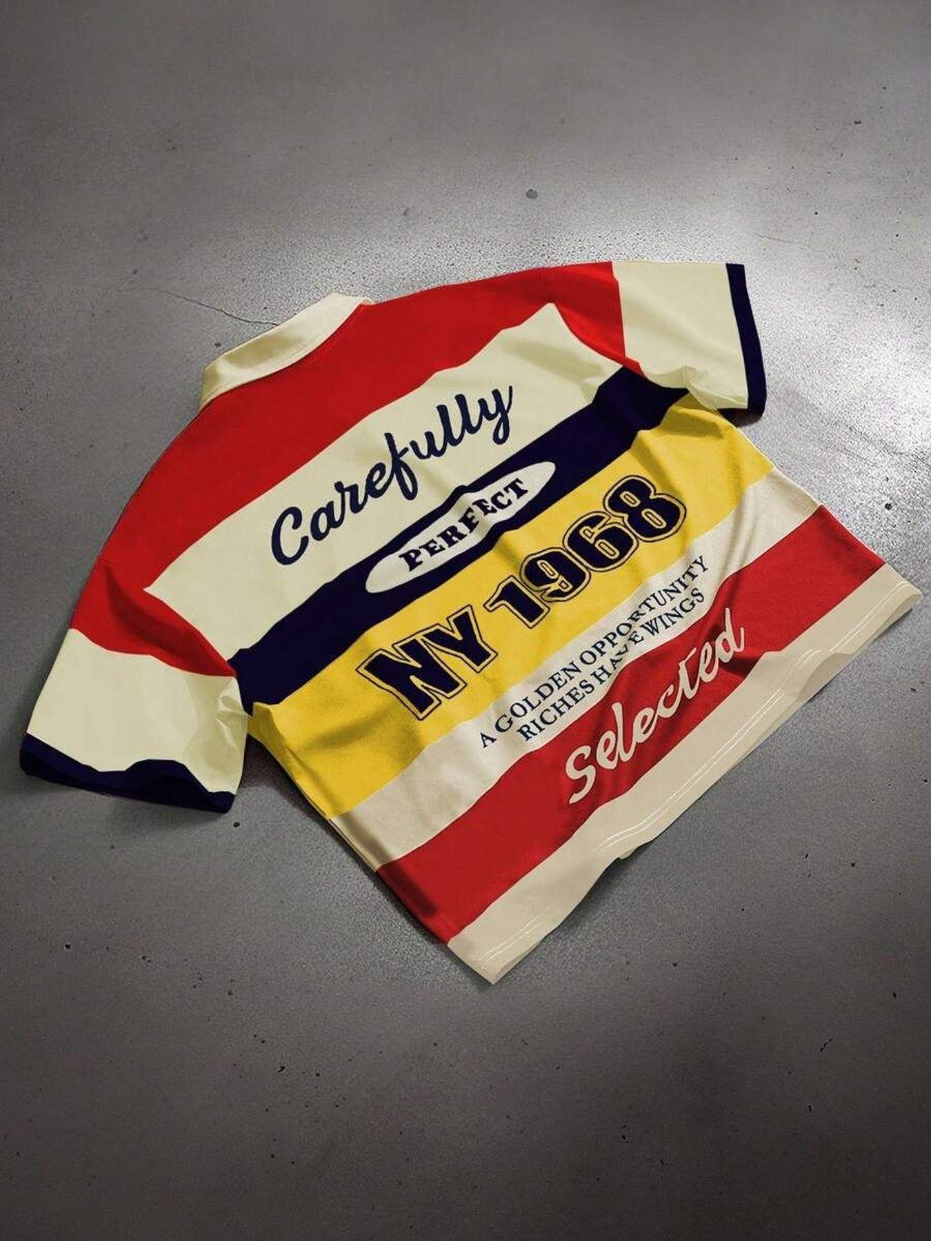 American Vintage College Style Ny1968 Striped All Over Print Polo Shirt, Colorblock Short Sleeve, Loose Fit Unisex Top, Casual Fashion Apparel, Menswear