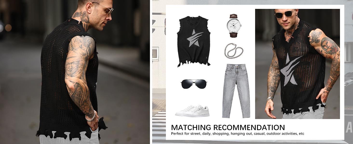 HYPESTFIT Men's Ripped Hollow Out Transparent Star Distressed Grunge Tank Top