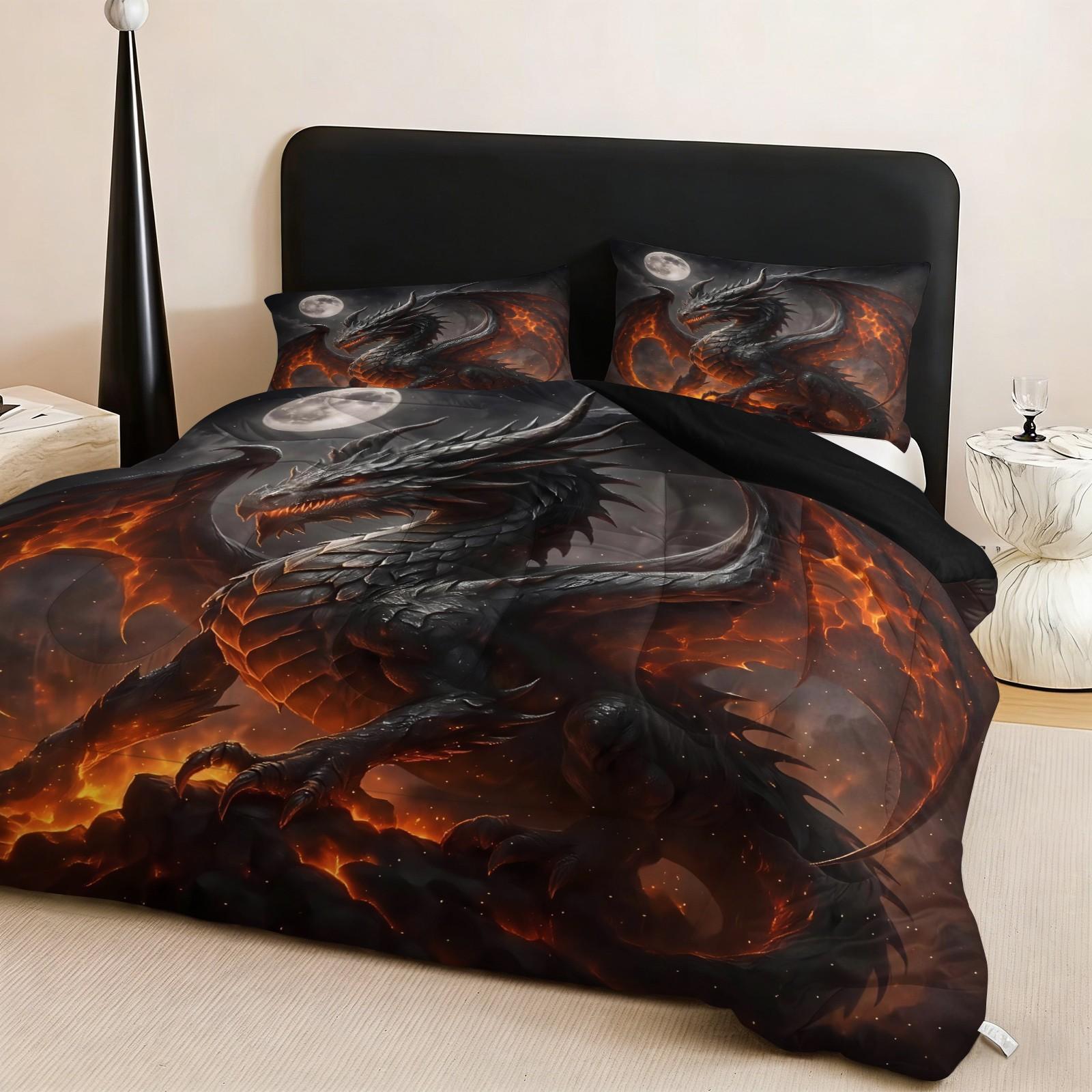 Volcano Dragon Pattern Quilt Set, Polyester Fiber Bedding, Includes 1 Quilt + 2 Pillowcases Without Core, Soft Skin Contact, Ideal for Couples