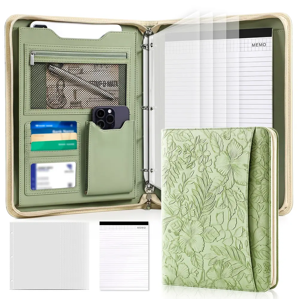 A4 Zipper Binder Folder, PU Leather Multi-Function Organizer, Floral Design, Office Use, File Tablet Phone Holder, Business Travel Conference